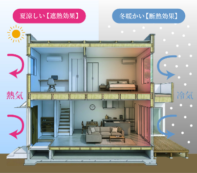 夏涼しい遮熱効果・冬暖かい断熱効果　住宅断面イラスト