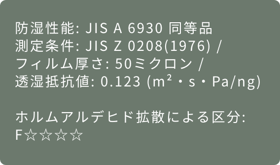 防湿性能: JIS A 6930 同等品／ホルムアルデヒド拡散による区分: F☆☆☆☆